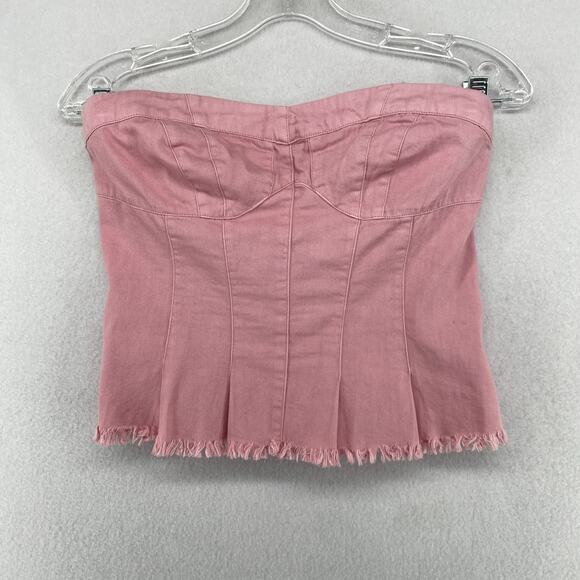 FREE PEOPLE Top S Better Days Tube Corset Smocked Frayed Cropped Cotton Pink NEW - Picture 2 of 16